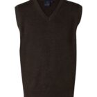A dark brown, sleeveless knit sweater vest with a V-neck and ribbed hem, set against a plain white background.