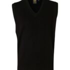 A black V-neck sleeveless sweater is displayed against a white background.