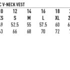 Size chart for a unisex wool/acrylic V-neck vest. Sizes range from Ladies 8 to 28/30 and XS to 7XL. Half chest measurements are 49 to 76 cm, and body length is 60 to 78 cm. Features include moisture wicking and UV protection.