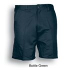 Bottle green shorts on a white background. The shorts have belt loops, a button closure, and pockets.