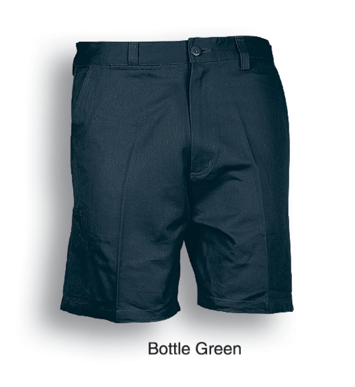 Bottle green shorts on a white background. The shorts have belt loops, a button closure, and pockets.