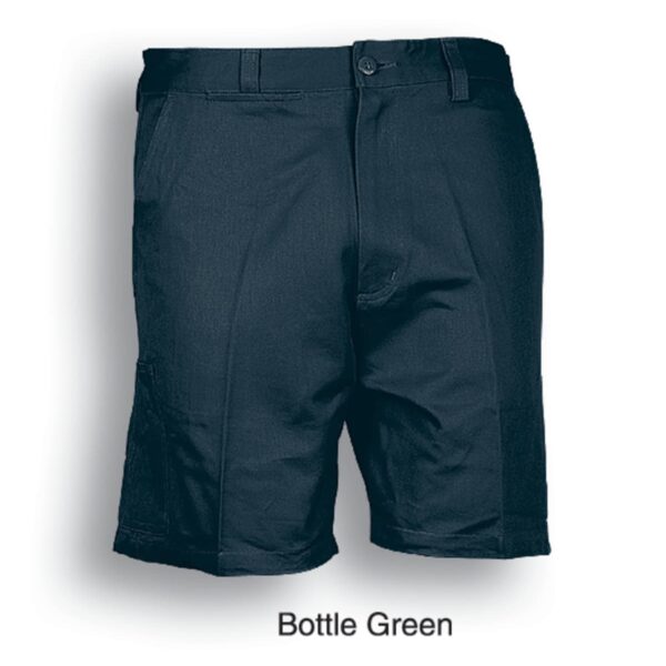 Green shorts with belt loops, a button, and zipper fly, labeled Bottle Green at the bottom. The shorts have a flat front design with side and back pockets.