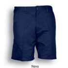Navy blue cargo shorts with a button and zipper closure, side pockets, and belt loops. The label Navy is underneath the shorts.