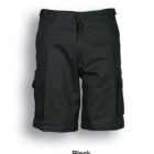 Black cargo shorts with a button and zip closure, featuring six pockets: two at the hips, two on the sides, and two at the back. The shorts have belt loops and a straight fit, displayed against a white background. Black is written beneath.