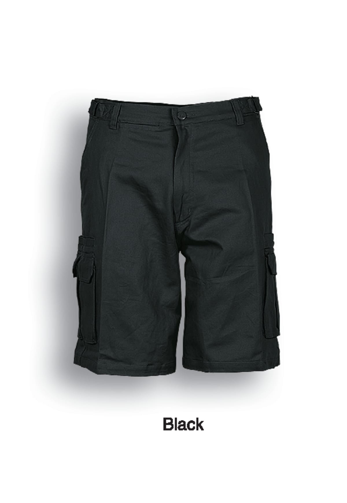 Black cargo shorts with a button and zip closure, featuring six pockets: two at the hips, two on the sides, and two at the back. The shorts have belt loops and a straight fit, displayed against a white background. Black is written beneath.