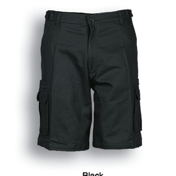 A pair of black cargo shorts featuring multiple pockets, including two large side pockets. The shorts have belt loops, a button, and a zip closure. The background is plain white, providing contrast to highlight the shorts details.