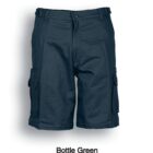Cargo shorts in bottle green, featuring multiple pockets and a button closure, displayed against a plain white background.