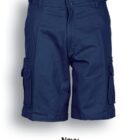 A pair of navy cargo shorts with side pockets is displayed against a white background. The word Navy is written below the shorts.