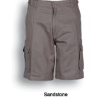 Gray cargo shorts featuring multiple pockets and belt loops, labeled Sandstone underneath.