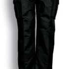 A pair of black cargo pants with multiple pockets is displayed against a white background. The pants have belt loops and are fastened at the waist. The text Black is written below the image.