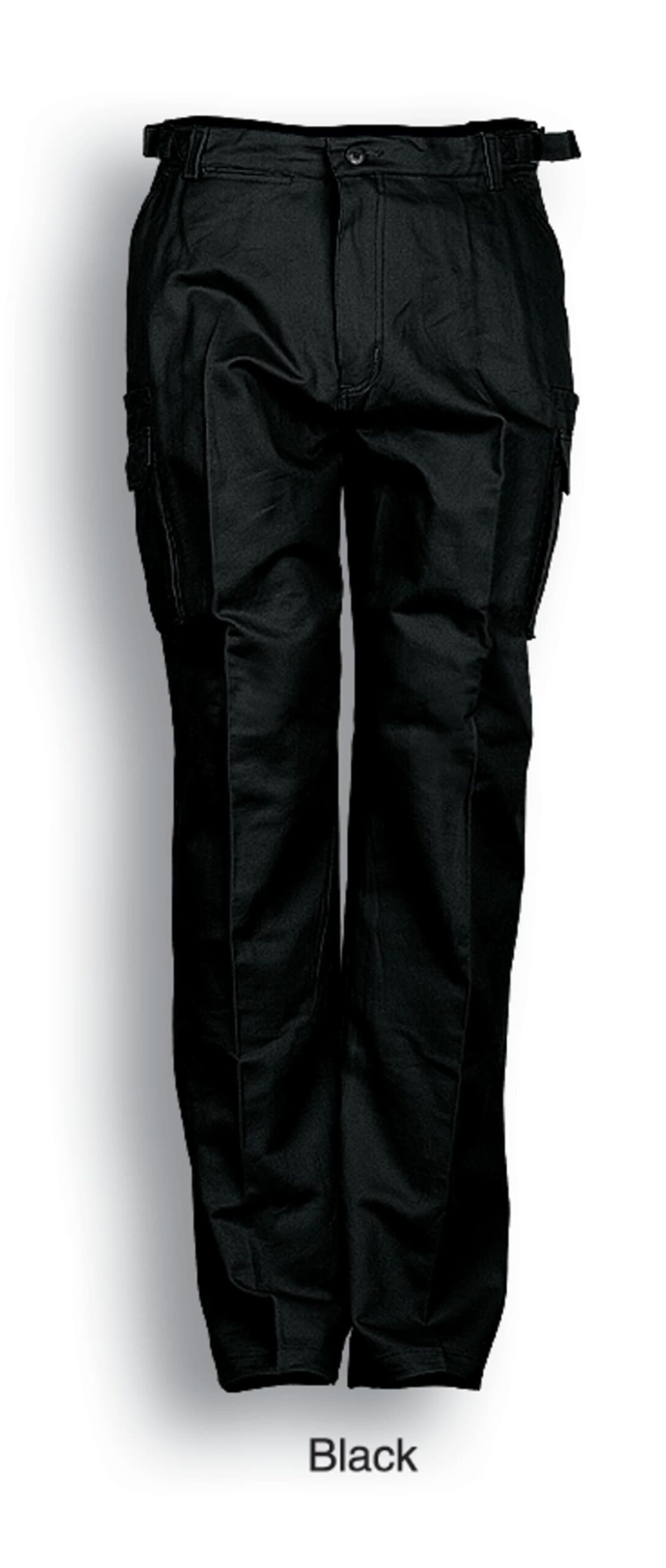 A pair of black cargo pants with multiple pockets is displayed against a white background. The pants have belt loops and are fastened at the waist. The text Black is written below the image.