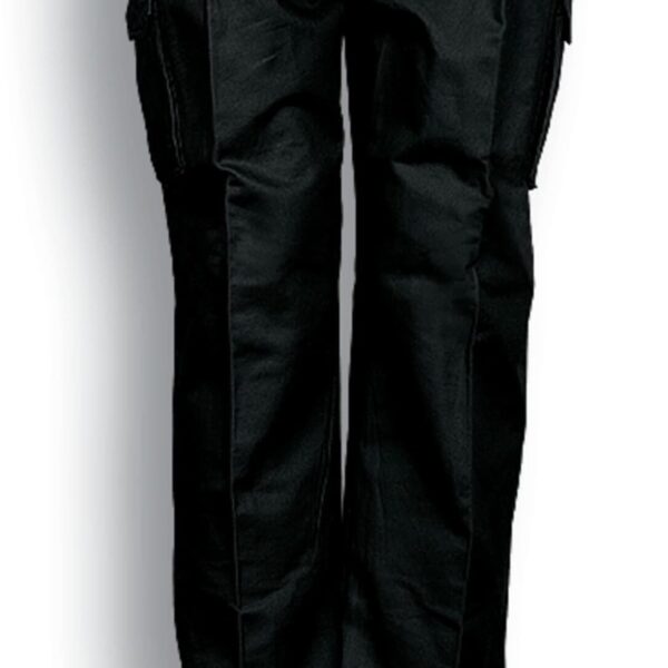 A pair of black cargo pants with multiple pockets, displayed against a plain white background.