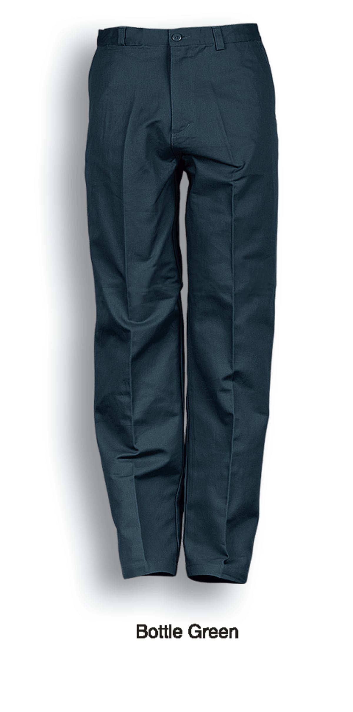 A pair of formal bottle green trousers displayed against a white background.