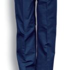 A pair of navy blue trousers with a button and zip closure. The trousers have belt loops and are displayed against a plain white background.