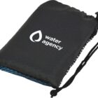 A black pouch with a drawstring closure, featuring the text water agency and a water droplet logo. It appears to be made of a textured fabric with a mesh section at the bottom.