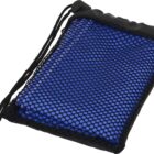 A blue item enclosed in a black mesh bag with a drawstring closure, placed on a white background. The bag is flat, showcasing the mesh pattern and handle.
