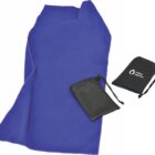 A folded blue towel next to two black, drawstring pouches with a water droplet logo. One pouch is slightly open, showing a hint of the blue towel inside. The items are placed on a white background.