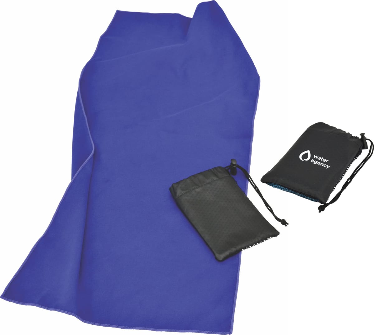 A folded blue towel next to two black, drawstring pouches with a water droplet logo. One pouch is slightly open, showing a hint of the blue towel inside. The items are placed on a white background.