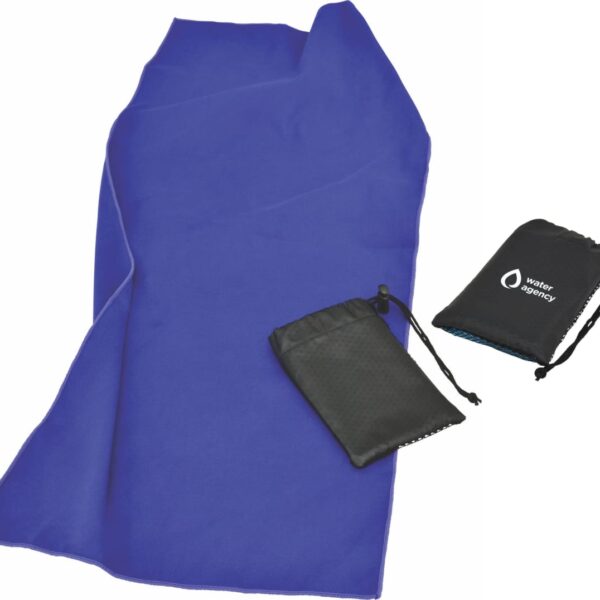 A blue microfiber towel is displayed next to two small black drawstring bags. The bags feature a water droplet logo and the text Water Agency. The towel is partially folded, showing its smooth texture.
