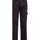 Black pants with a straight-leg design and a small utility pocket on the side.