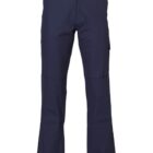 A pair of navy blue trousers displayed against a plain white background. The trousers have a straight-leg design with a button and zip closure at the top. There is a visible side pocket on the upper right leg.