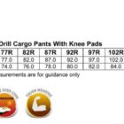 A chart showing size measurements for WP03 Cotton Drill Cargo Pants with Knee Pads, displaying waist sizes and inleg lengths for various fits (77R to 112R). Includes icons for cotton fabric, UV protection, and durability.