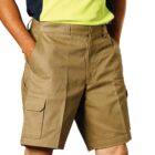 A person wearing tan utility shorts with pockets, paired with a yellow and black shirt. The image focuses on the clothing, showing the shorts design and fit.