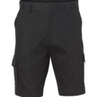 Black cargo shorts displayed on a plain white background, featuring side pockets and belt loops, with a front button and zipper closure.