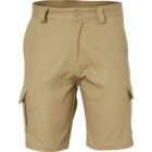 Khaki cargo shorts with belt loops and front button closure, featuring side pockets and two large flap pockets on each thigh. The shorts are displayed against a white background.