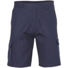 A pair of navy blue cargo shorts with button and zip closure, featuring multiple pockets on the sides. The shorts are displayed against a plain white background.