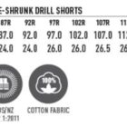 A size chart for mens heavy cotton pre-shrunk drill shorts, showing waist sizes from 77.0 to 137.0 and inleg lengths from 24.0 to 26.5. Includes icons for tough wearing, UV protection, AUS/NZ standards, and cotton fabric.