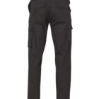 A pair of dark green cargo pants viewed from the back. The pants feature multiple pockets, including two large flap pockets on the rear and cargo pockets on the sides.