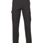 A pair of black straight-legged cargo pants with side pockets, belt loops, and a button closure.
