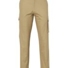 Beige cargo pants with belt loops and side cargo pockets, designed for a relaxed fit. The pants feature a button closure and straight-cut legs.