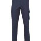 Navy blue cargo pants with a straight cut, featuring belt loops and large side pockets on both legs.