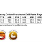 A size chart for WP07 Mens Heavy Cotton Pre-shrunk Drill Pants in regular sizes from 77R to 112R. It shows waist and inleg length measurements. It highlights features like cotton fabric, UV protection, and durability.