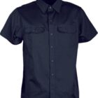 A short-sleeved, dark-colored button-up shirt with two chest pockets, each with a buttoned flap. The shirt has a classic collar and a smooth, clean appearance.