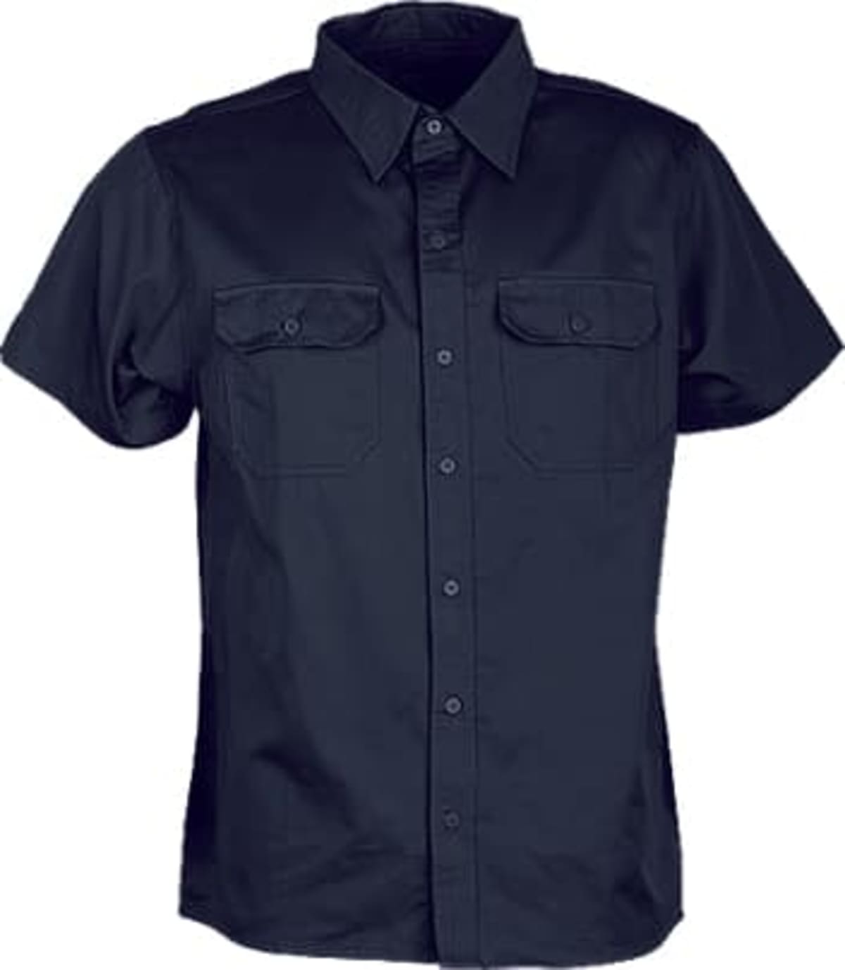 A short-sleeved, dark-colored button-up shirt with two chest pockets, each with a buttoned flap. The shirt has a classic collar and a smooth, clean appearance.