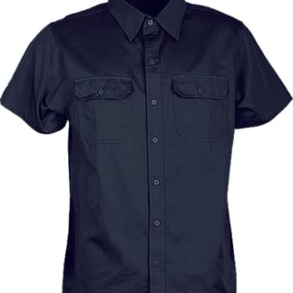 Dark short-sleeve button-up shirt with a collar and two chest pockets, each with a buttoned flap.