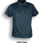 Short-sleeved button-up shirt in bottle green, featuring a collar and two chest pockets with button flaps.