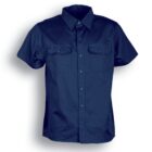 Short-sleeved navy blue button-up shirt with a collar and two chest pockets, shown against a white background.