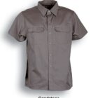 A short-sleeved button-up shirt in a brownish-grey color labeled Sandstone. The shirt features two chest pockets with button closures and a classic collar.