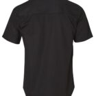 Back view of a black short-sleeve collared shirt, showcasing a simple design with a straight hem and yoke across the shoulders.