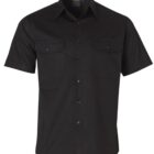A black short-sleeve button-up shirt with two chest pockets, each featuring a button flap. The shirt has a classic collar and appears neatly pressed, suitable for casual or semi-formal occasions.