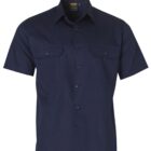 A navy blue short-sleeve button-up shirt with two chest pockets, displayed on a white background.
