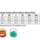 Image of a size chart for the WT01 Cool-Breeze Cotton Short Sleeve Work Shirt. Sizes S to 7XL with measurements for half chest, body length, and collar. Features icons: 100% cotton, UV protection UPF 30+, and airflow vents.