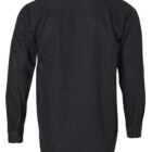 Back view of a black, long-sleeve shirt with a classic collar and buttoned cuffs. The shirt appears plain and is displayed against a white background.