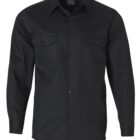A black long-sleeve button-up shirt with two chest pockets, each secured with a flap and button. The collar is pointed, and the shirt appears to be made of a smooth fabric.