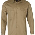 A long-sleeved, khaki button-up shirt with two chest pockets, each secured with a button.