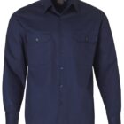 A navy blue button-up long-sleeve shirt with two chest pockets, each secured with a button. The shirt has a classic collar and appears to be made of a sturdy fabric.